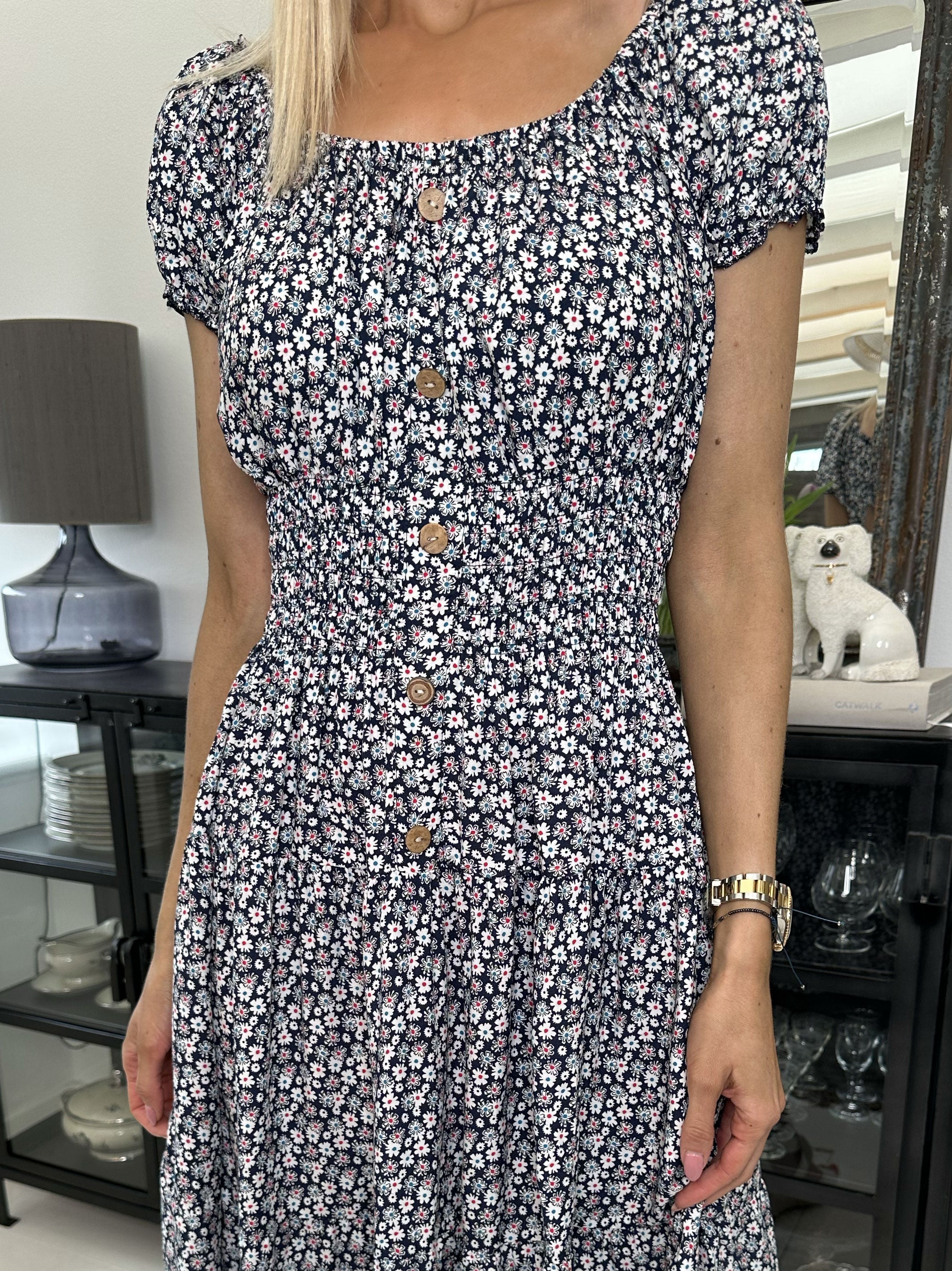 Finalia flower short - Söt liten blommig klänning med puffärmar och resår i midjan